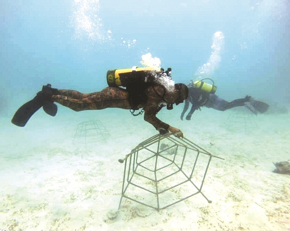 SEORANG penyelam memasang tukun tiruan di dasar perairan Pulau Layang-Layang, Labuan.
